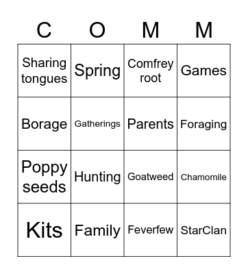 Comfort Bingo Card