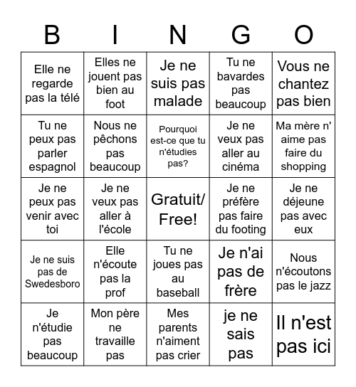 La Négation Bingo Card