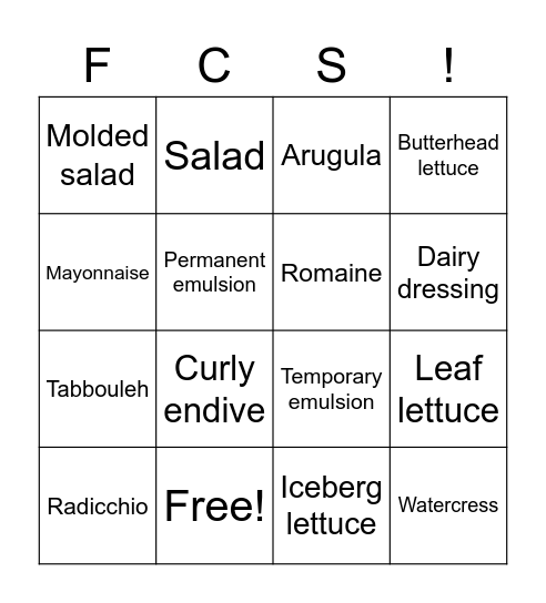 Salads & Salad Dressing Bingo Card