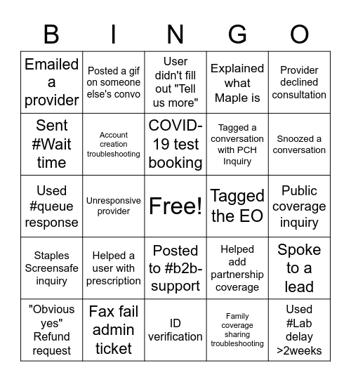 CSC Shadowing Bingo Card