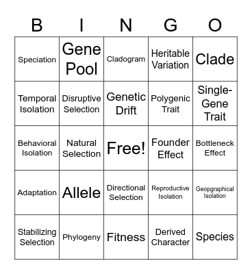 Evolution of Populations Bingo Card