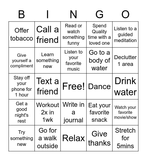 Self Care Bingo Card