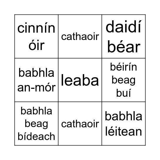 Cinnín Óir agus na Trí Bhéar Bingo Card