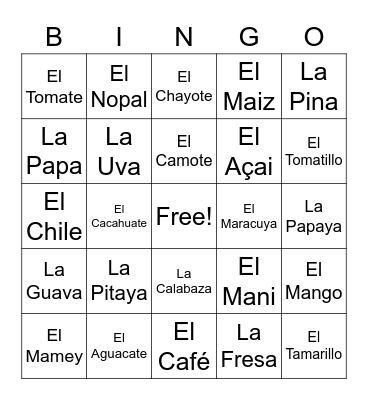 HLSA Food BINGO Card