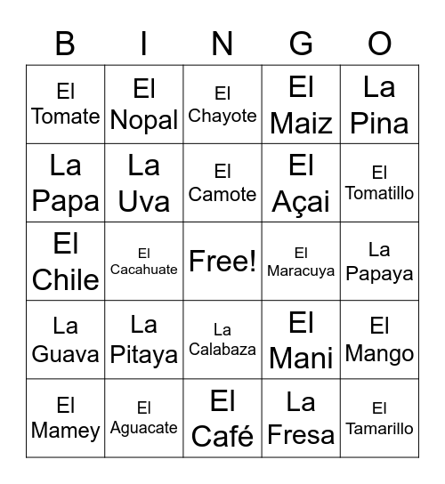 HLSA Food BINGO Card