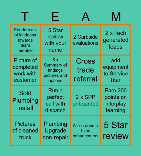 Weekly Team Service Bingo Card