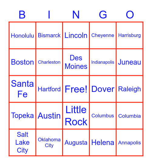 U.S. State Capitals Bingo Card
