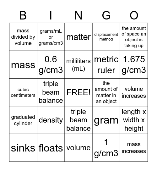 Density Bingo Card