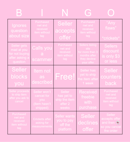 Poshmark Buyer Bingo Card