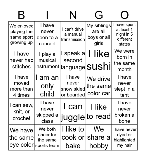 Get to know you Bingo Card