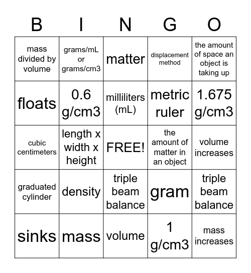 Density Bingo Card