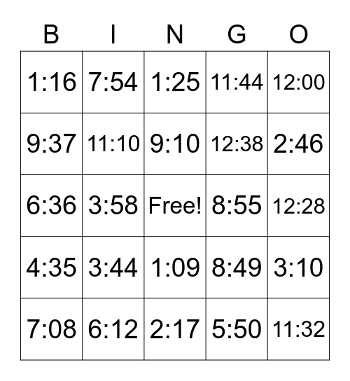 Time Bingo! Bingo Card