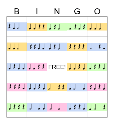 Rhythm Bingo - Quarter Notes and Rests, Half Notes Bingo Card