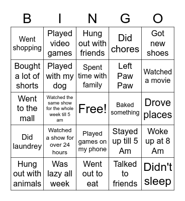 Olivia's Spring break Bingo Card