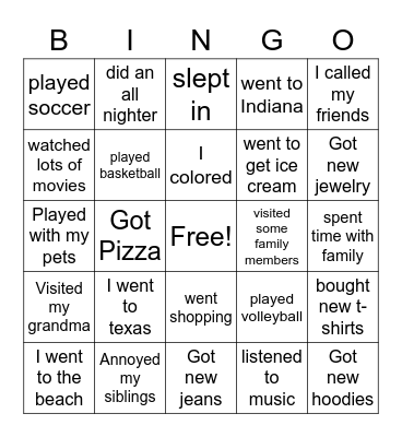 My Spring Break Bingo Card