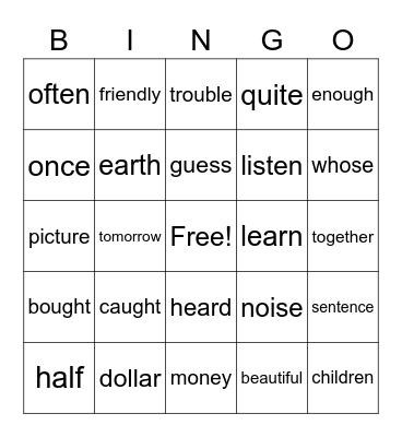 2B Tricky Words Bingo Card