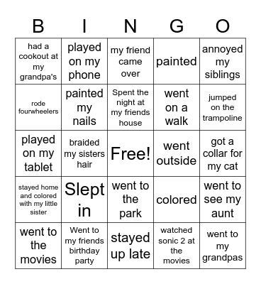 Hallie's spring break Bingo Card