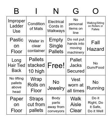 Co Pack Safety Bingo Card