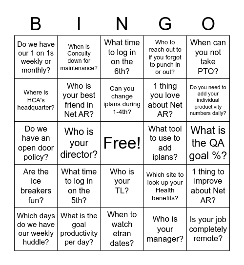 Net AR Bingo Card