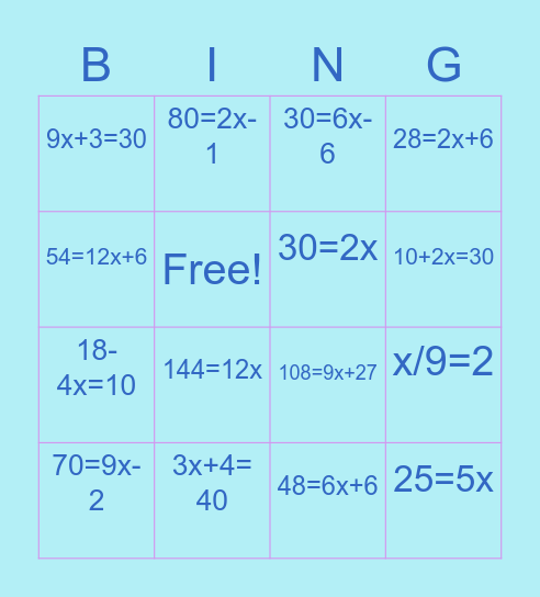 Math Equations Bingo Card