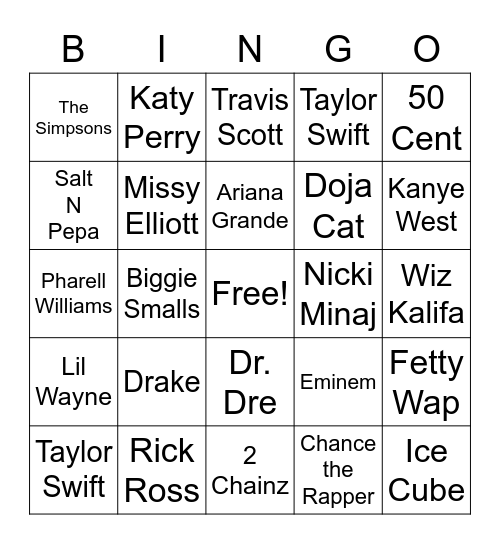 Name That Tune Bingo Card