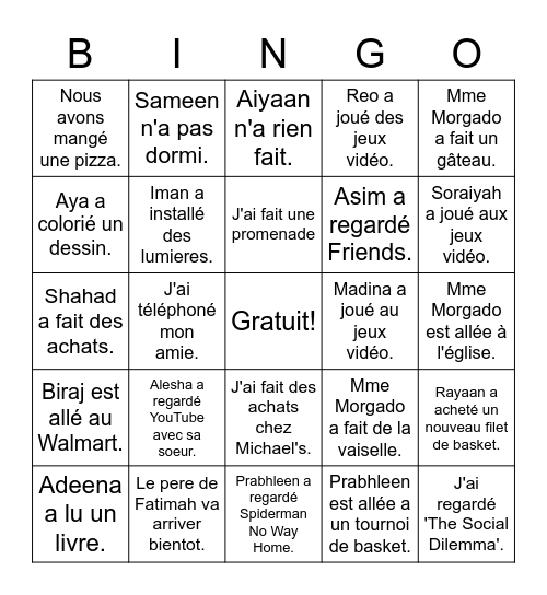 Le Week-end de la Classe O8 Bingo Card