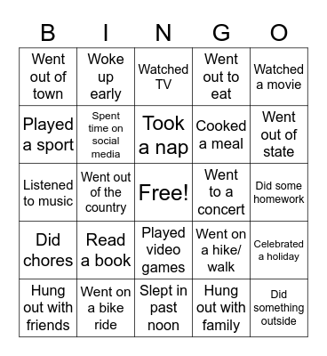 Spring Break Bingo Card