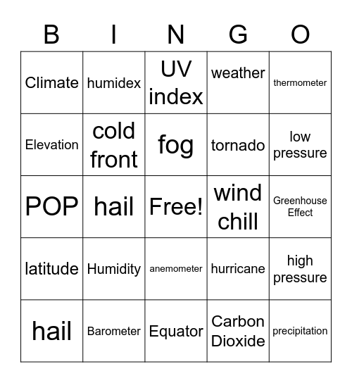 Weather/Climate Bingo Card