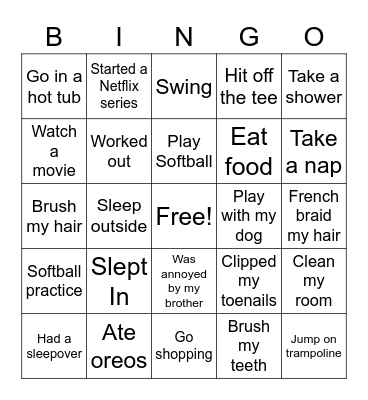 Taylor Thorpe's Spring Break Bingo Card