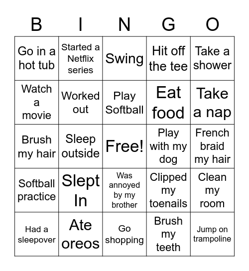 Taylor Thorpe's Spring Break Bingo Card