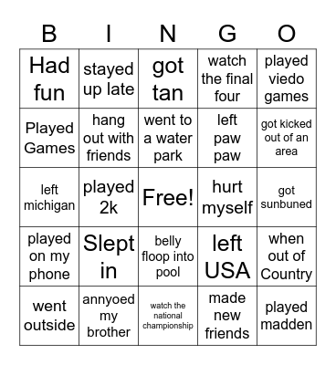 Christopher Spring Break Bingo Card