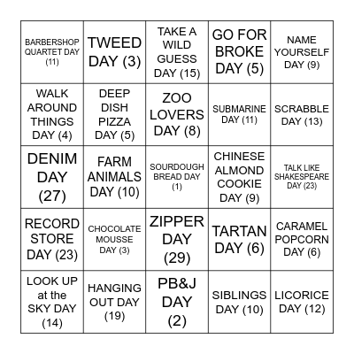 OSSPT BINGO - APRIL NATIONAL DAYS Bingo Card