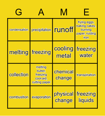 Matter Vocabulary Bingo Card