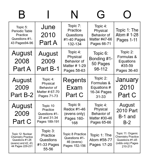 Regents Review BINGO Card