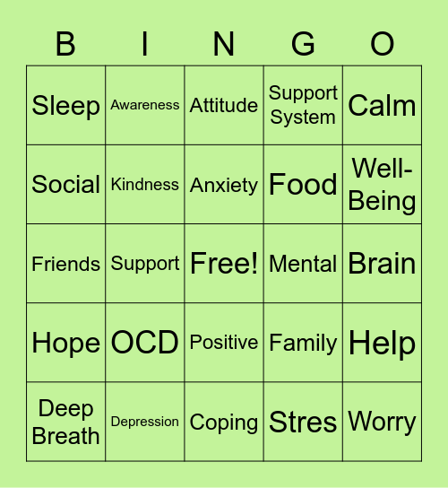 Mental Health Bingo Card