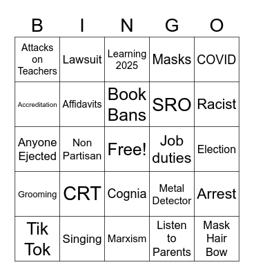 April, 2022 GCPS Board Meeting Bingo Card