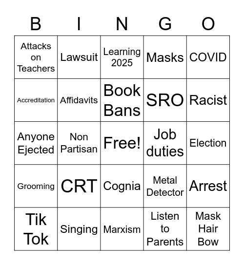 April, 2022 GCPS Board Meeting Bingo Card