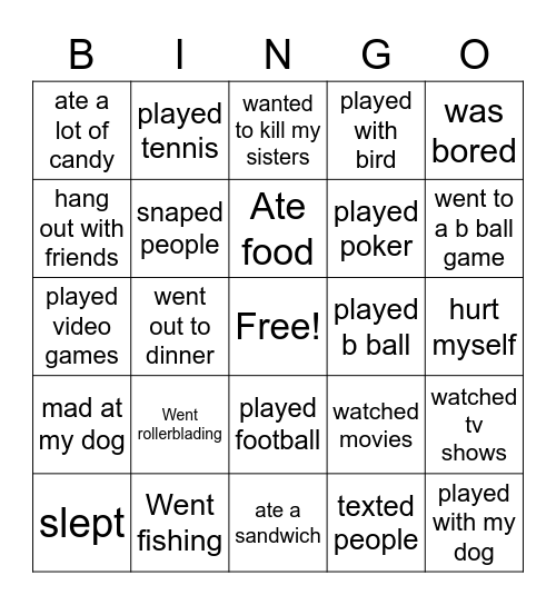 Erics spring break Bingo Card