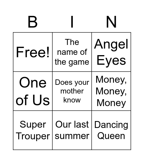 Abba Bingo Card