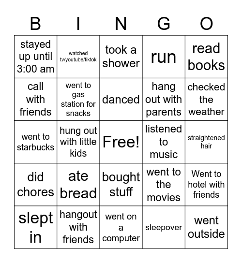 Mariah's spring break bingo Card