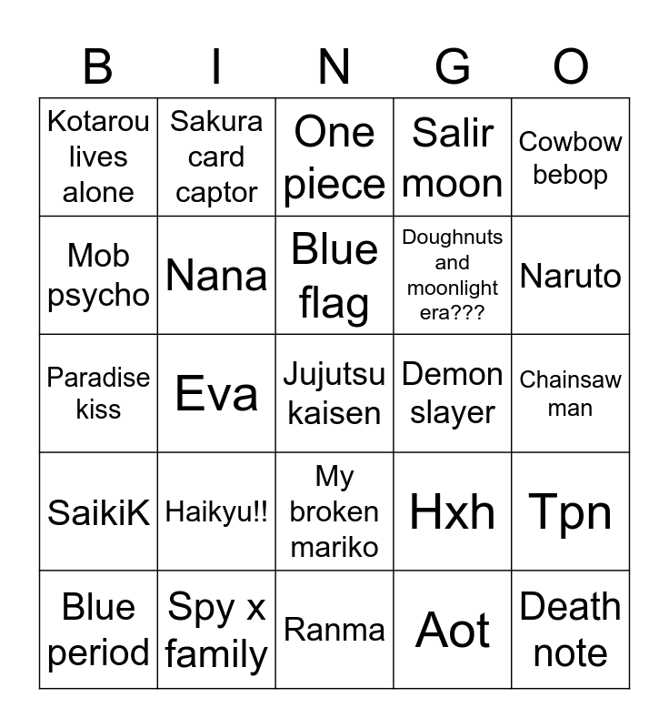Animes/mangas Bingo Card