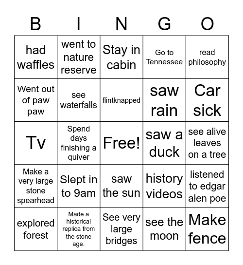 Braden's Spring break Bingo Card