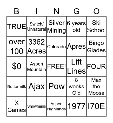 Aspen Snowmass Bingo Card