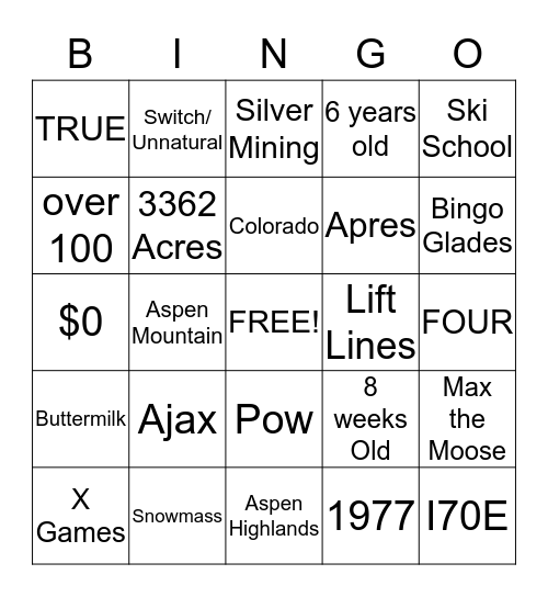 Aspen Snowmass Bingo Card