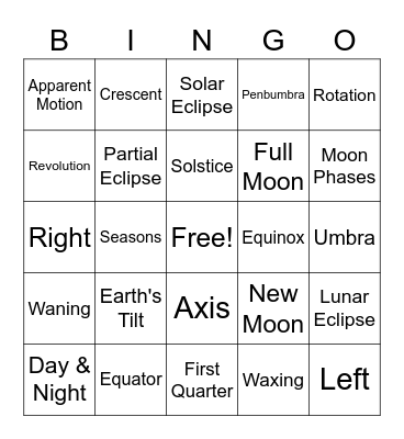 Earth-Sun-Moon System Review Bingo Card