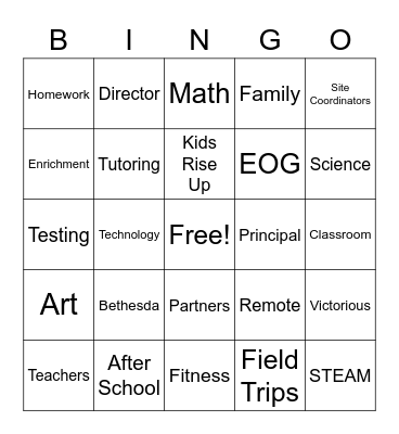 Kids Rise Up 21st CCLC Bingo Card