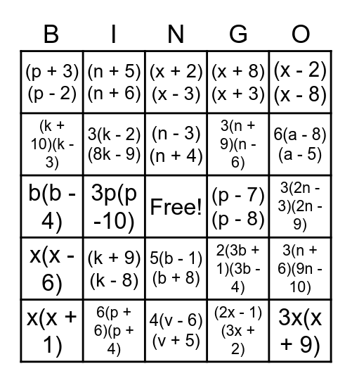 Factoring Quadratic Trinomials Bingo Card