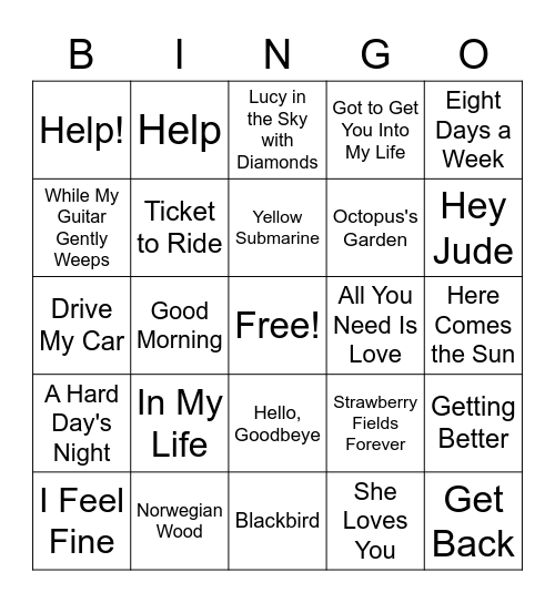 Beatles Bingo Card