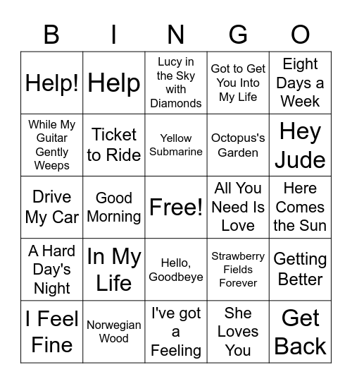 Beatles Bingo Card