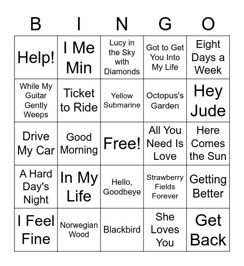 Beatles Bingo Card